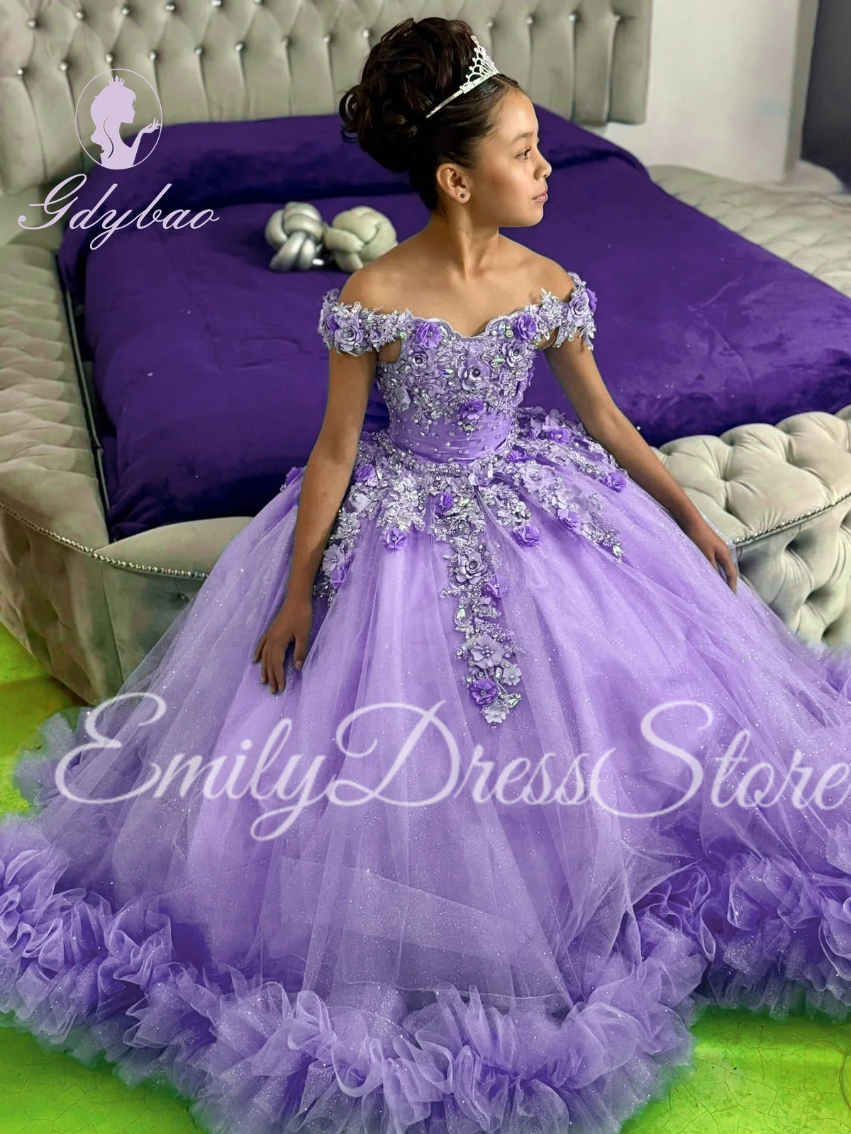 

Индивидуальное фиолетовое платье для девочки на свадьбу с бисером и 3D аппликацией, пышное, в стиле принцессы, для дня рождения, первого причастия, бальное платье