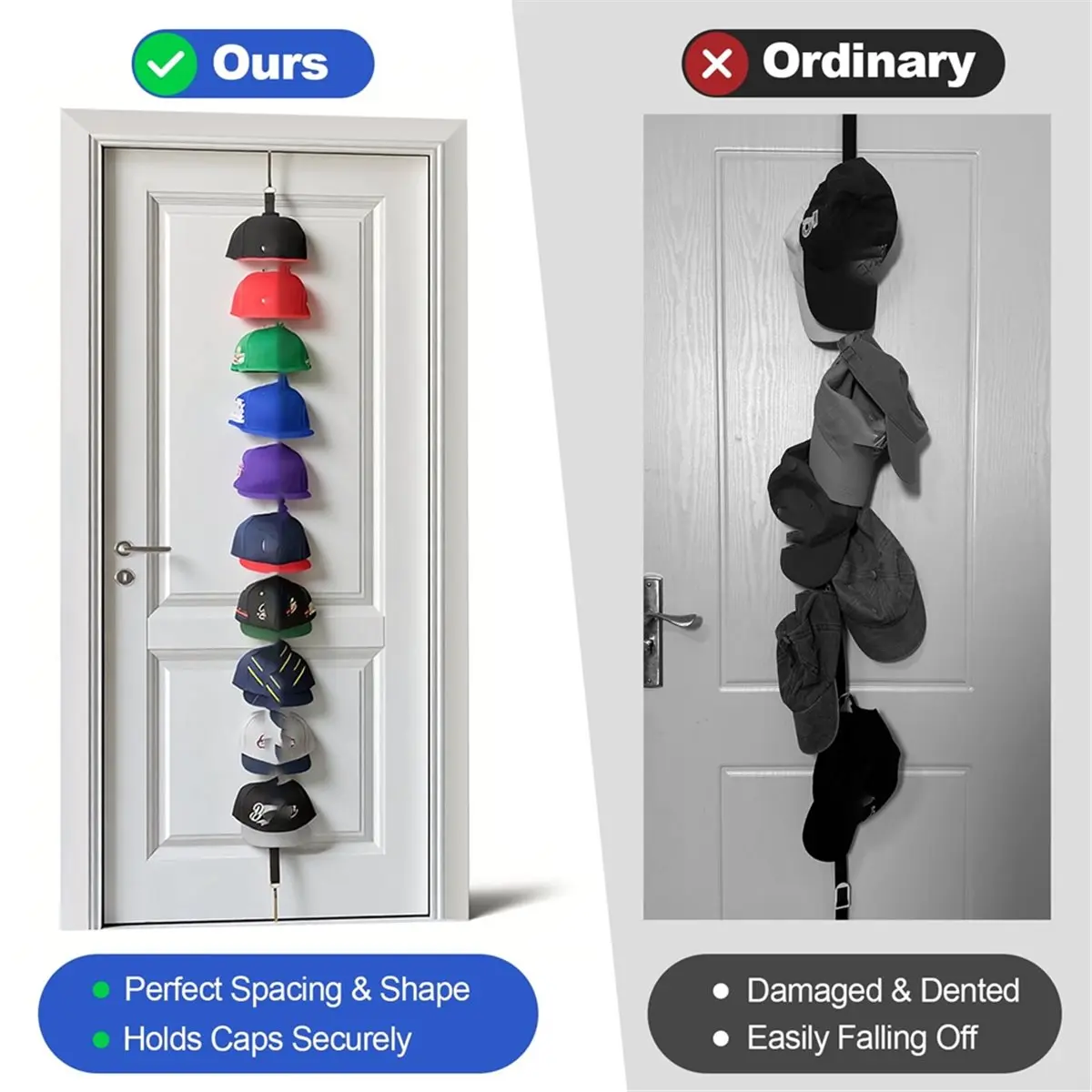 AA25 Hat Rack for Door - Two-Way Hanging Caps with Display Hooks and Hanger, Hat Organizer for Baseball Caps