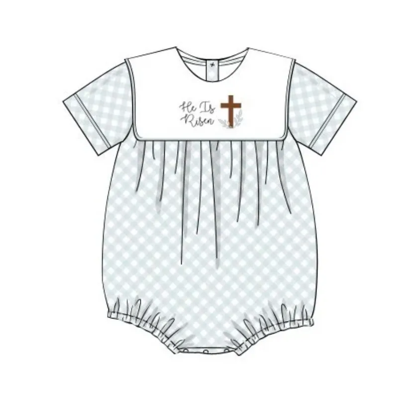 Easter Boutique Short Sleeve T-shirt Round Neck He Is Risen Embroidery Girl Romper Boy Blue Top Clothes And Pleated Skirt Pants