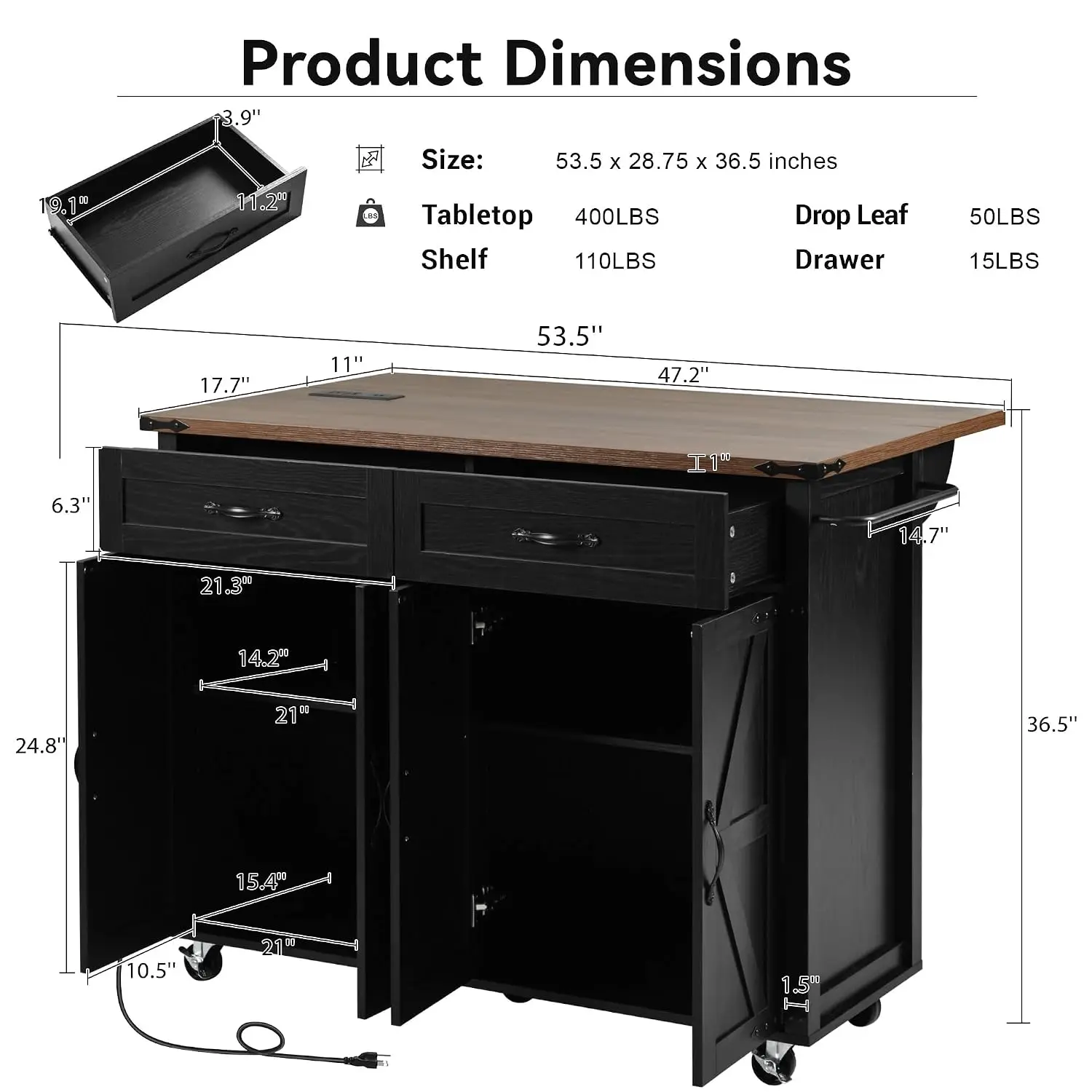 Farmhouse Kitchen Island Drop Leaf Rolling Cart Breakfast Bar Wheels Storage Cabinet Rack Outlet, Customized