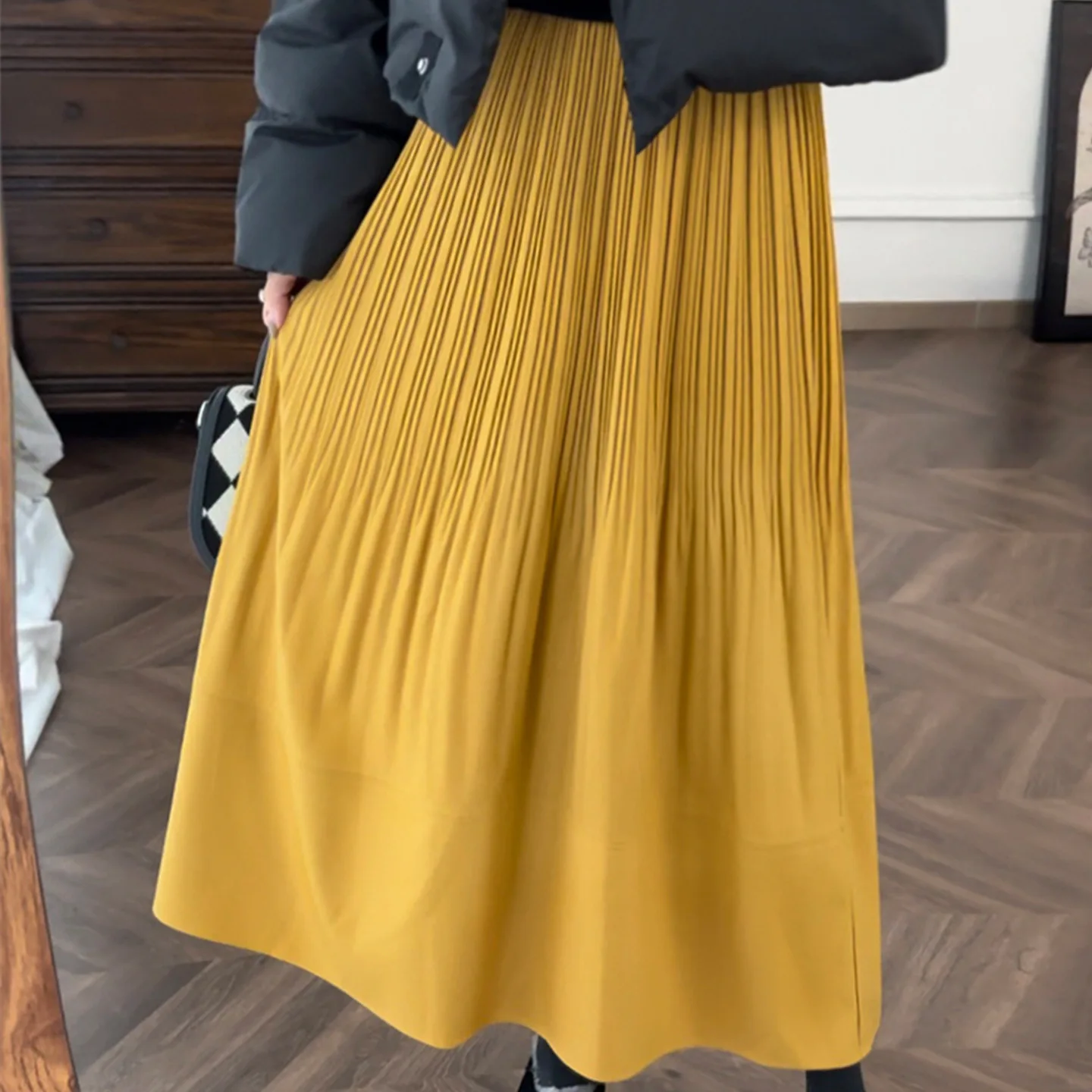 

Miyake Pleated 2026 New Spring Three-dimensional Pleated Half-body Skirt Women Yellow A-line Long High-waisted Pleated Skirt