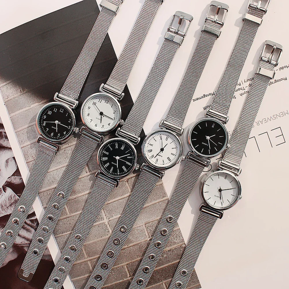 Retro Quartz Mesh Strap Watch Simple Small Round Dial Elegant Casual Ladies Wristwatch Female Student Daily Dating Accessory