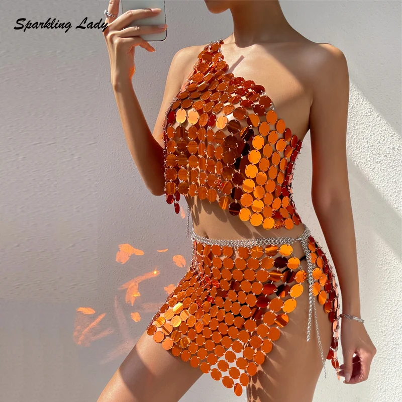 

Sexy One Shoulder Disc Sequin Party Dress Sets Glitter Orange Hollow Out Nightclub Festival Chainmail Dresses New In