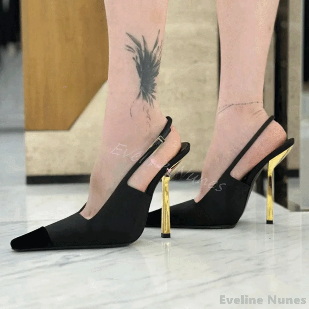 

Gold Heel Hollow Back Strap Pumps Women Square Toe Mixed Colors Stiletto Heel Sexy Pumps 2025 New Fashion Slip On Frosted Sandal