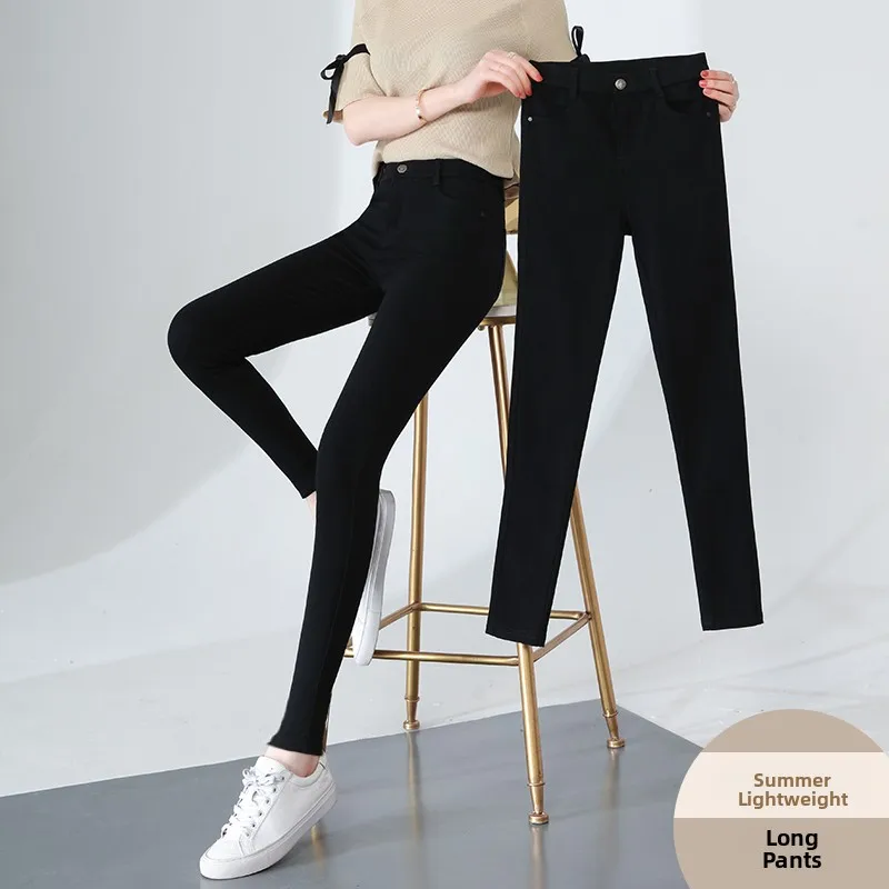 Black Pencil Thin Women's Leggings Summer Thin Tight Fit High Waist Magic Pants Outerwear Base Layer Pants Polyester Fiber