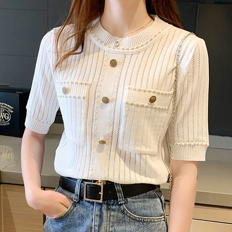 

Summer Top Casual Button Thin Knitted T Shirt Women Hollow Out Tee Shirt Femme T Shirts Female Black Tshirt Woman Clothes White