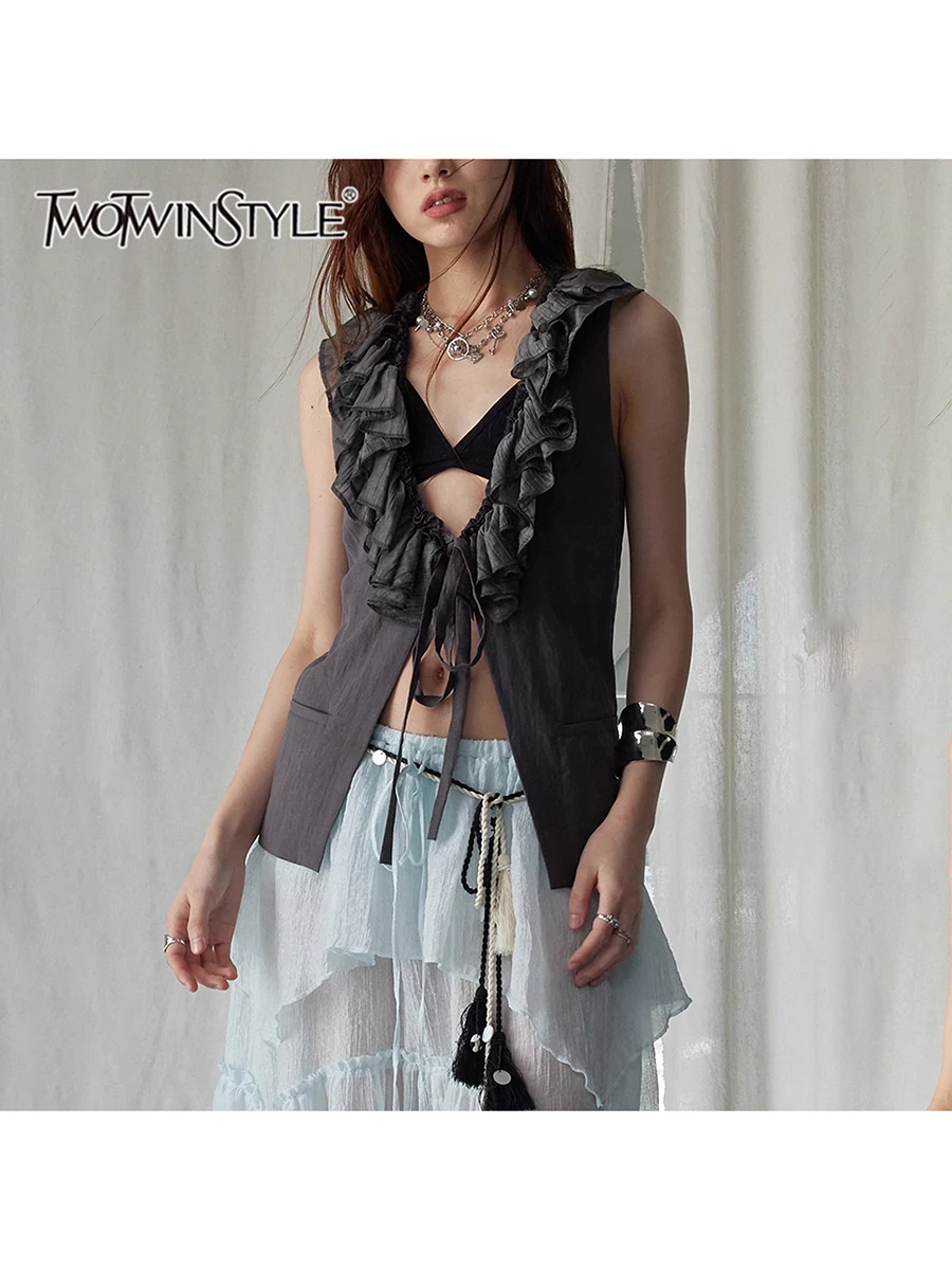 

TWOTWINSTYLE Solid Slimming Ruffles Spliced Lace Up Slimming Vest For Women Deep V Neck Sleeveless Tunic Temperament Vest Female