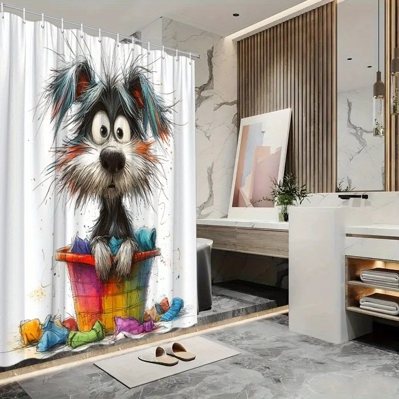 Fashion Polyester Rainbow Dog Shower Curtain with Candy Bucket Design, Washable and Line Dry