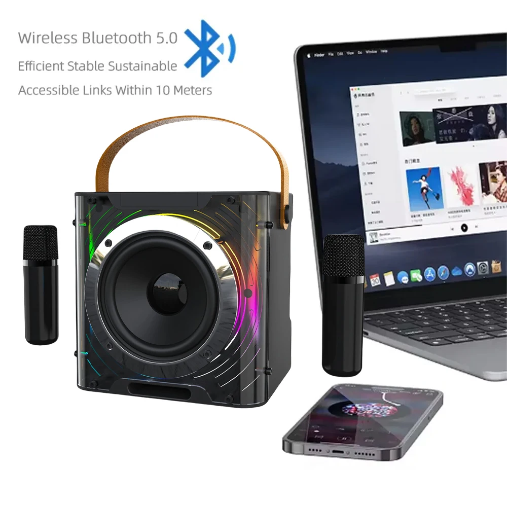آلة كاريوكي مع 2 ميكروفونات كاريوكي لاسلكية، نظام PA يدعم بطاقة TF/USB/AUX/REC/TWS للحفلات الخارجية والداخلية