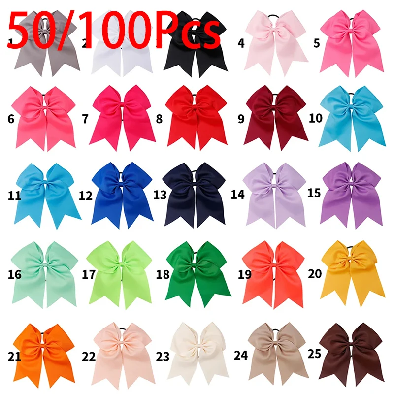 ncmama 50/100Pcs 7\'\' Hair Bows with Elastic Band Girls Cheerleader Cheer Bow Soft Grosgrain Hair Bands For Kids Hair Accessories