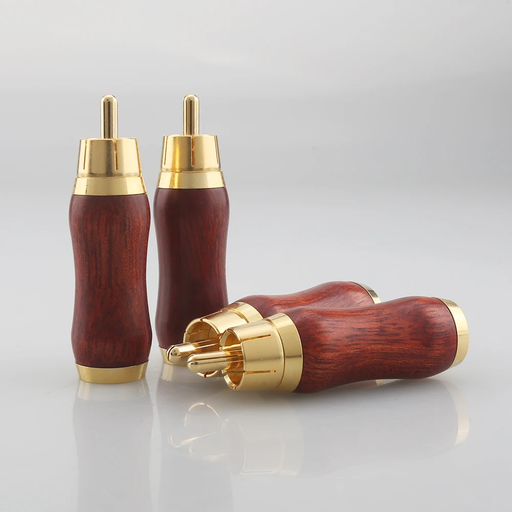 New 4pcs 3u Gold Plated Red Sandalwood RCA Plug Rosewood Red Sandalwood Audio Plug hi end Gold RCA Connector