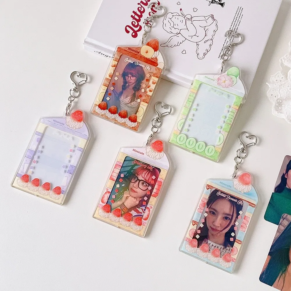 Acrylic Kpop Photocard Holder Keychain Cake Dessert Shape Transparent Campus Card Protective Case 3 Inch