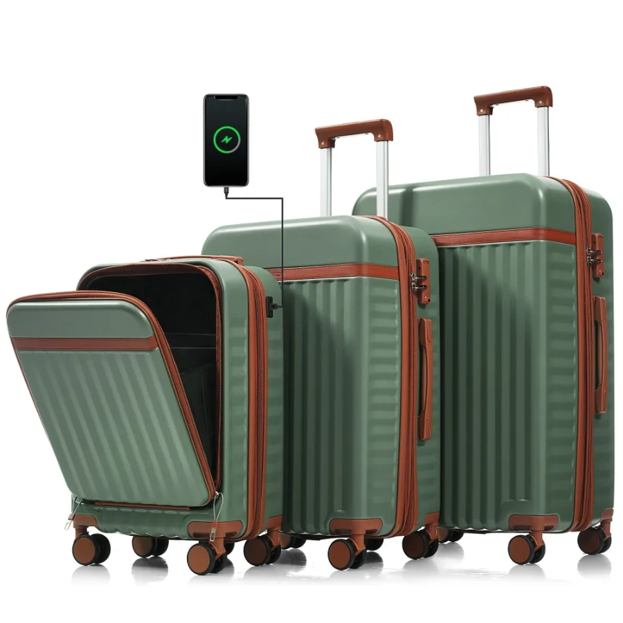 Luggage Set Of 3, 20inch With USB Port, Front Opening Design Airline Certified Carry On Luggage, ABS Hard Shell Luggage With Sp