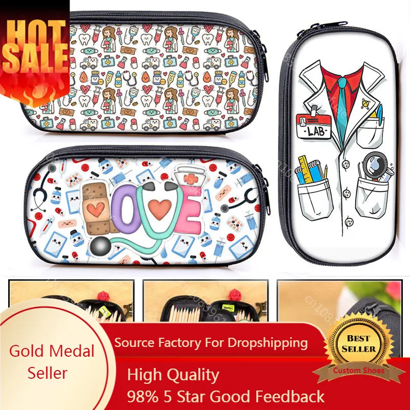 Cute Doctor Nurse Uniform Print Cosmetic Case Pencil Bag Medical Stethoscope Syringe Pencil Box ECG Hospital Stationary Bags