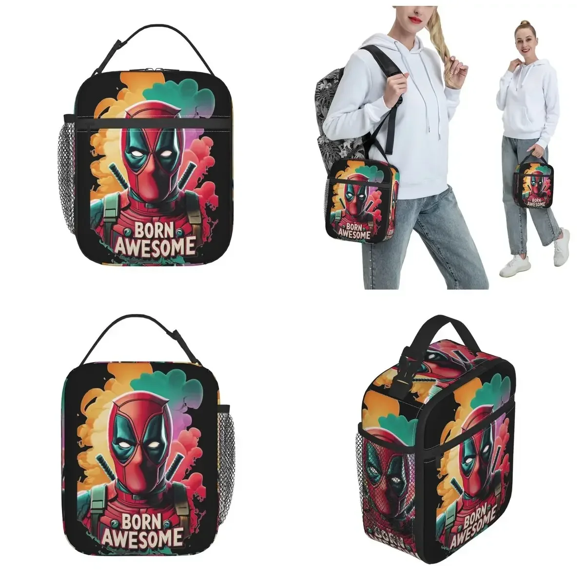 

Born Awesome Deadpool Изолированная сумка для обеда Контейнер-холодильник для еды Большая сумка-тоут Ланч-бокс для мужчин и женщин Колледж Открытый