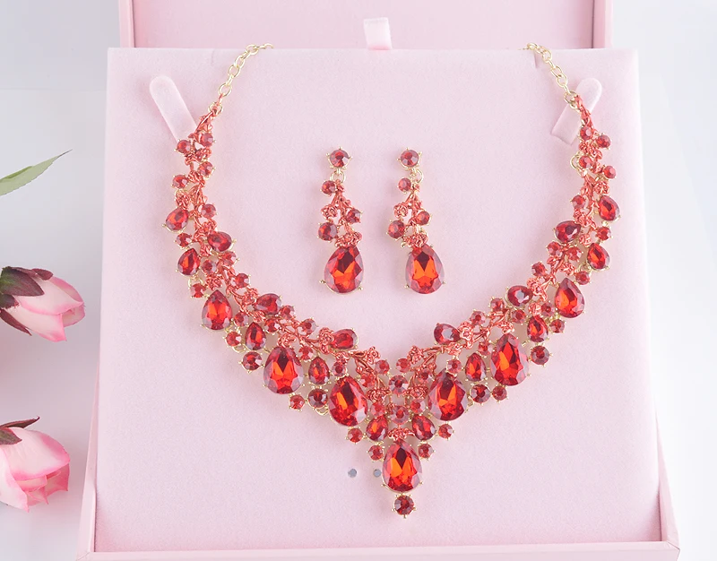 Delicate Alloy Women Wedding Necklace Set Beauty Party Earrings Dress Gift Jewelry Accessories Choke Waterdrop Red Color Crystal