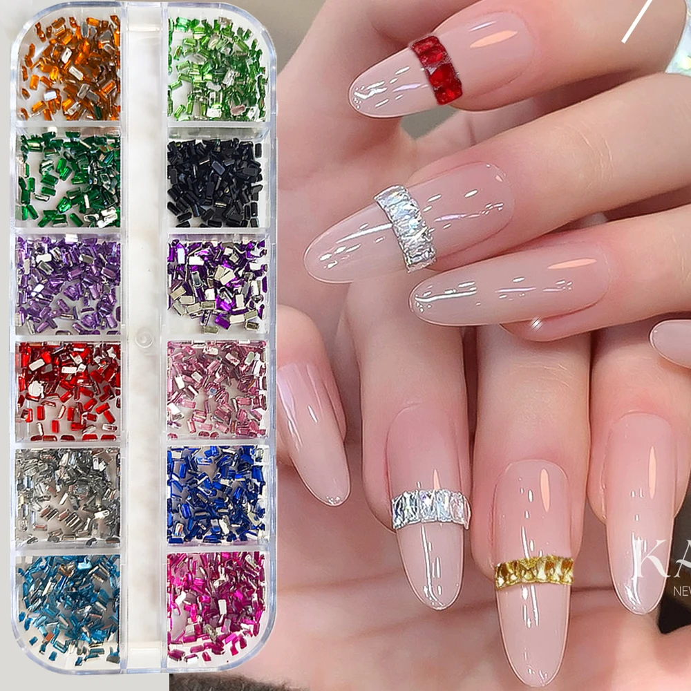 12 Siatek Mieszanych Mini Prostokątnych Cyrkonii do Paznokci, Kolorowe Kryształki 3D 3mm, Luksusowe Błyszczące Ozdoby do Paznokci, Białe/Różowe Diamenty z Płaskim Spodem