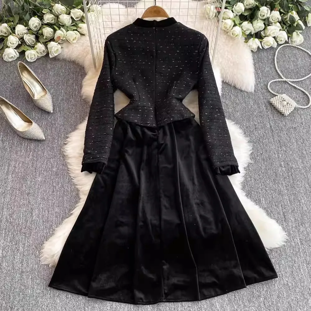 2024 New Autumn Winter Tweed Patchwork Velvet Midi Dress Elegant Women Long Sleeve Bowknot Fake 2 Piece Set Party Party Dresses