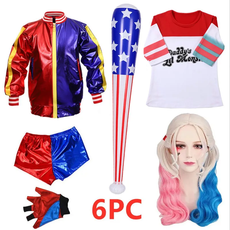 ชุดคอสเพลย์ฮาโลวีนฮาร์ลีย์ ควินน์ สำหรับผู้หญิง ชุด 6 ชิ้น เสื้อยืด กางเกงขาสั้น ถุงมือ วิกผม ปลอกคอ และอุปกรณ์ประกอบฉาก