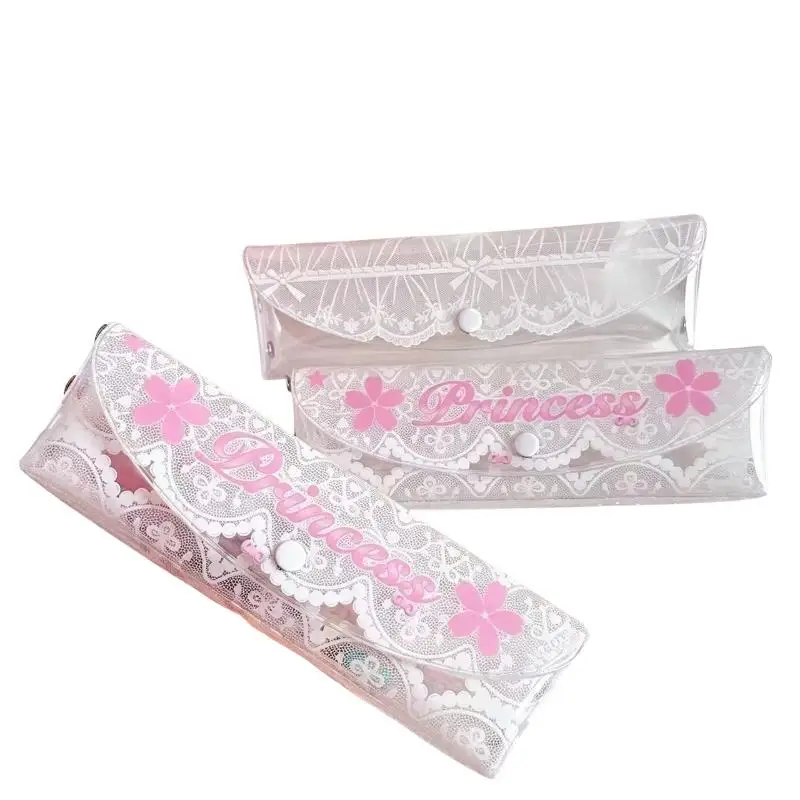 New Y2K Retro White Lace Bow Print Clear Pencil Case Daily Study Transparent Stationery Bag Pen Case Multi Functional Makeup Bag