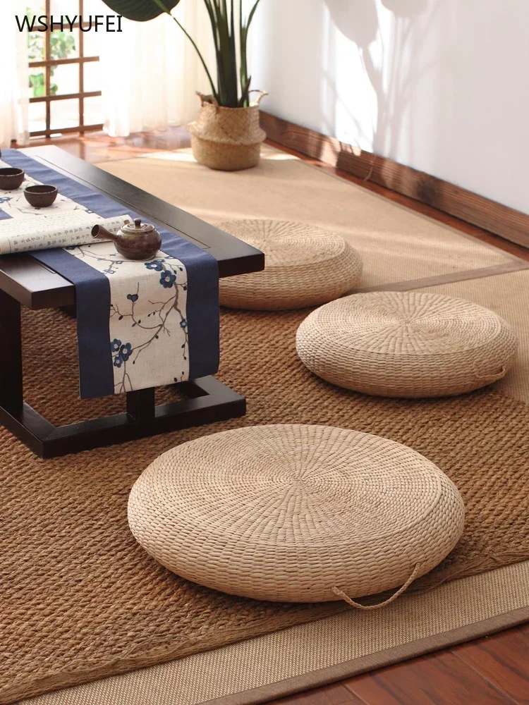 Almofada de palha futon estilo japonês no chão, almofadas redondas espessadas de tatami, almofada de assento portátil para casa, tapete de meditação