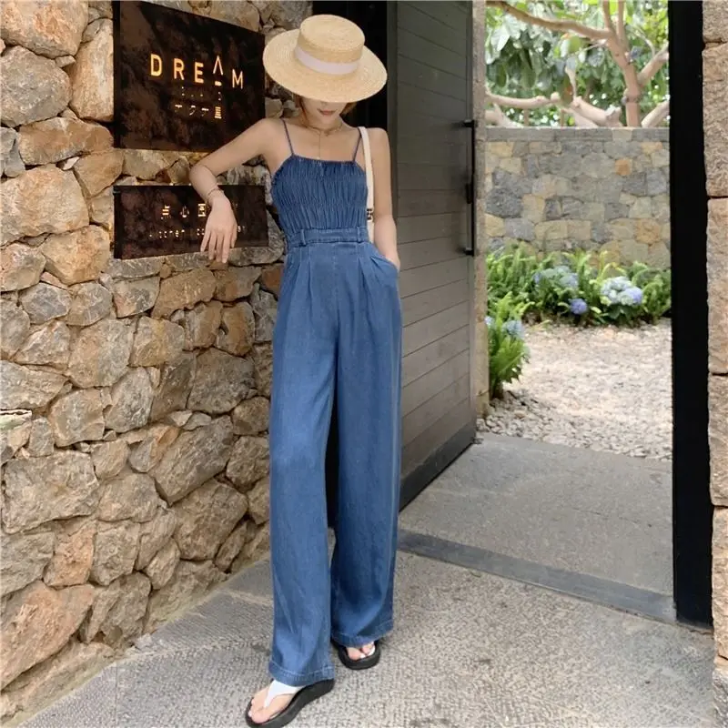 Women\'s 2024 New Summer Denim Romper Camisole Slimming And Fashion Korean Style Wide Leg Long Pants Corset Jumpsuit For Women