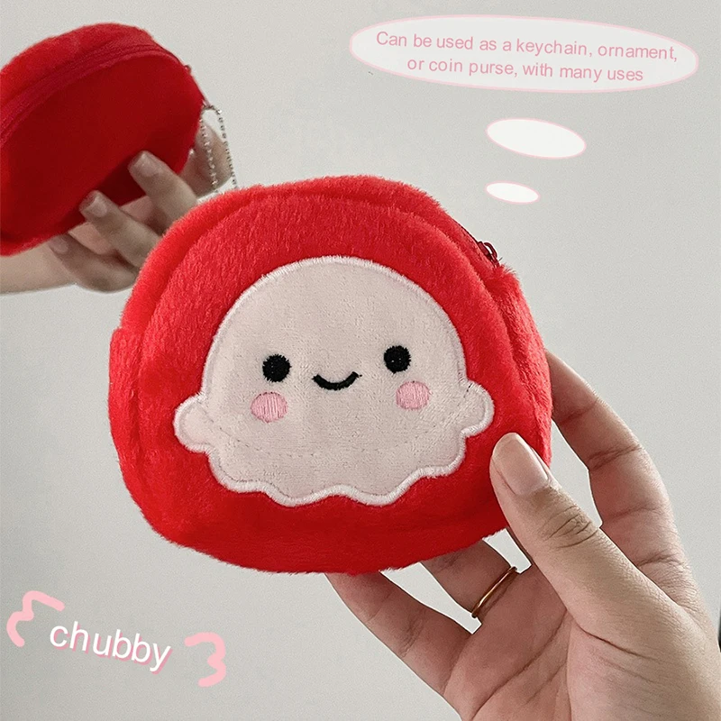 

Cute Cartoon Red Octopus Plush Coin Purse Portable Mini Zipper Wallet With Keychain Earphone Key ID Credit Card Storage Bag