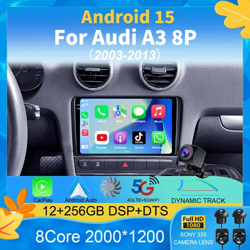 Imagen 1 del producto Android 15 para Audi A3 8P 2003-2013 Carplay Auto Radio 2din reproductor Multimedia navegación GPS Audio estéreo DSP 360 cámara 4G