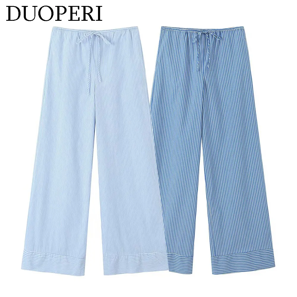 DUOPERI Women Fashion Striped Drawstring Casual Loose Trousers Elastic Waist Female Chic Lady Long Pant