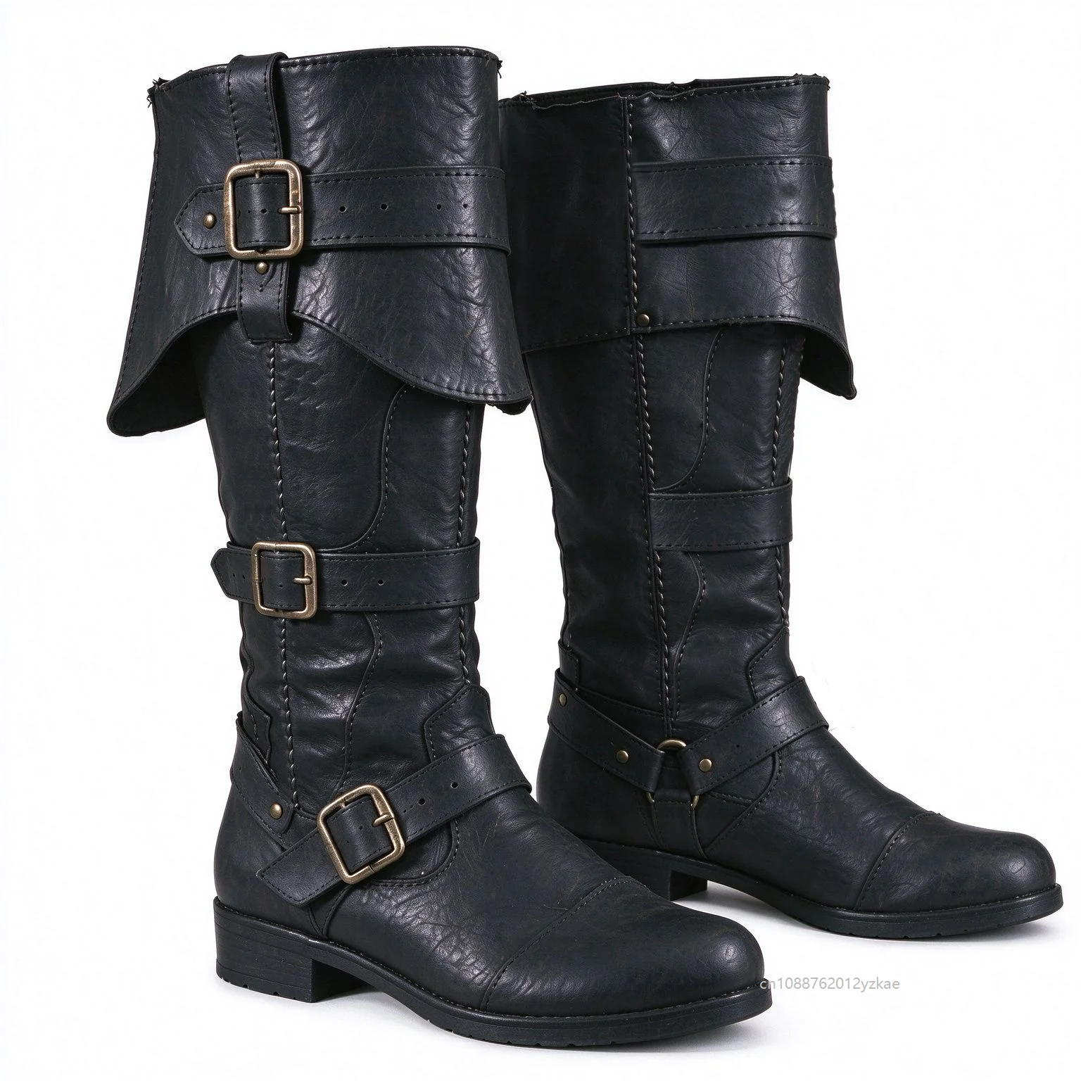 Men Faux Leather Pirate Cosplay Boots Multi Buckle Knee High Boots Medieval Renaissance Costume Shoes Halloween Party Footwear