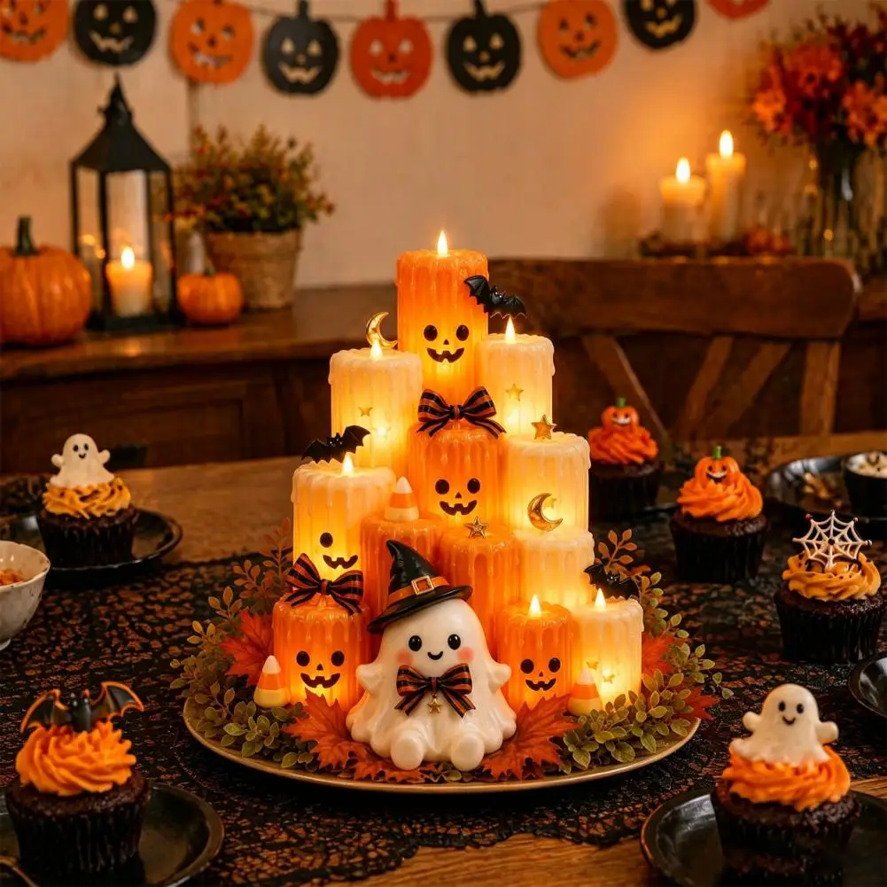Halloween House Ornament Halloween Flameless Candles Set Battery Operated Led Pumpkin Pillar Lights Ghost Flickering for Dinner