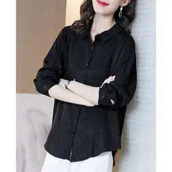 Women's 2024 Spring Summer Splicing Polo Collar Button Diamonds Fashion Solid Minimalist Casual Loose Long Sleeve Blouses Shirts