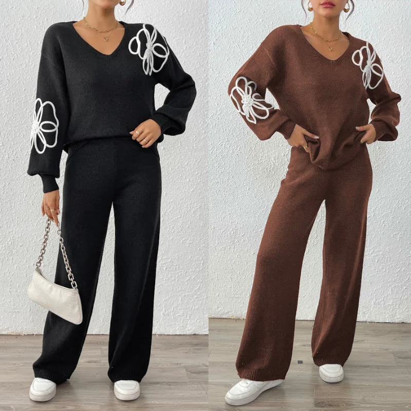 

Women's Autumn Winter Casual Suit Flower Embroidered Ribbon Embroidered V-neck Sweater Straight-leg Pants Two-piece Set