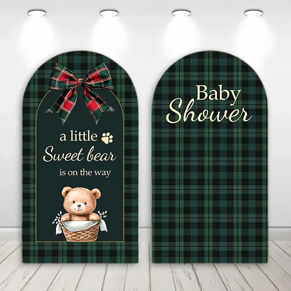 

Dark Tartan Grid Bear Baby Shower Arch Backdrop Cover Green Red Bow Cute Bear Baby Welcome Baby Party Decor Portrait Photozone