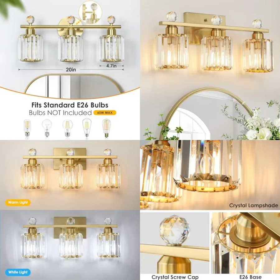 

3-Light Bathroom Light Fixtures, Modern Bathroom Vanity Lights Fixture with Clear Crystal Glass Shade, Modern Crystal 3 Lights