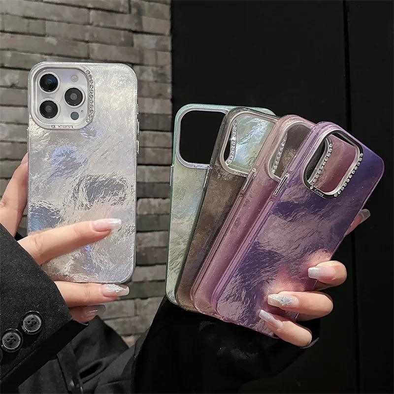 Advanced minimalist tin foil patterned phone case paired with a unique diamond camera frame Phone Case For iPhone 11 12 13 14 15