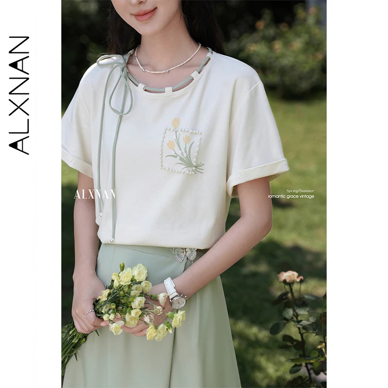 ALXNAN Plus Size Printed T-shirt Lace-up Beaded Design Women's T-shirt Summer Elegant Loose-fit Short Sleeve Tops Ladies D112112