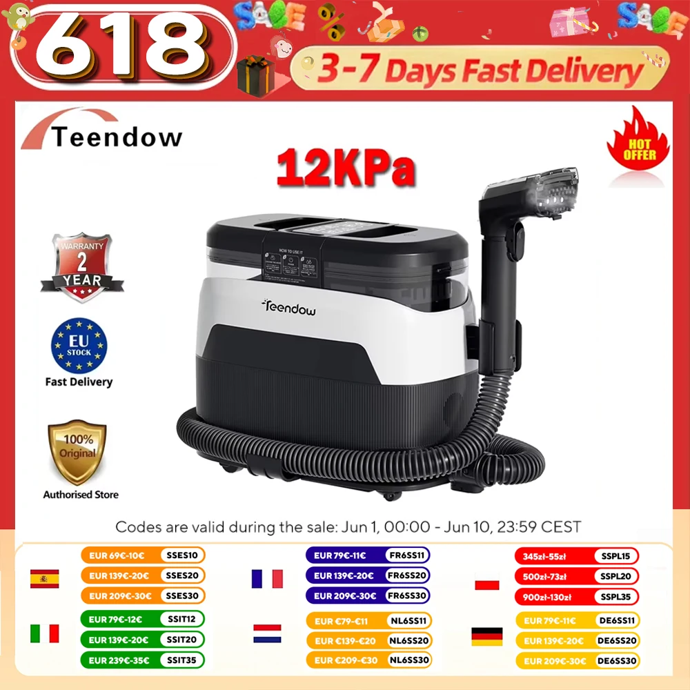 TEENDOW C6 MAX 3-In-1 Upholstery and Carpet Cleaner 1650W Steam 12000Pa Suction Dual Tanks Pet-Friendly — oferta en AliExpress