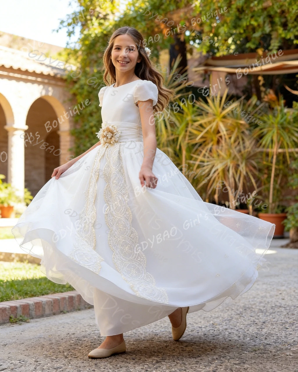 

Vintage Lace First Communion Dress for Girls Cap Sleeves Open Back Princess Flower Girl Dress with 3D Flowers Sash Custom Made