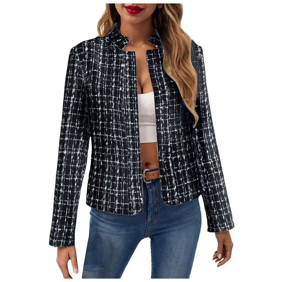 Women Small Fragrance Plaid Warm Open Front Stand Fully Lined Casual Fashion Work Coat Elegant Heavy Winter Coat Women