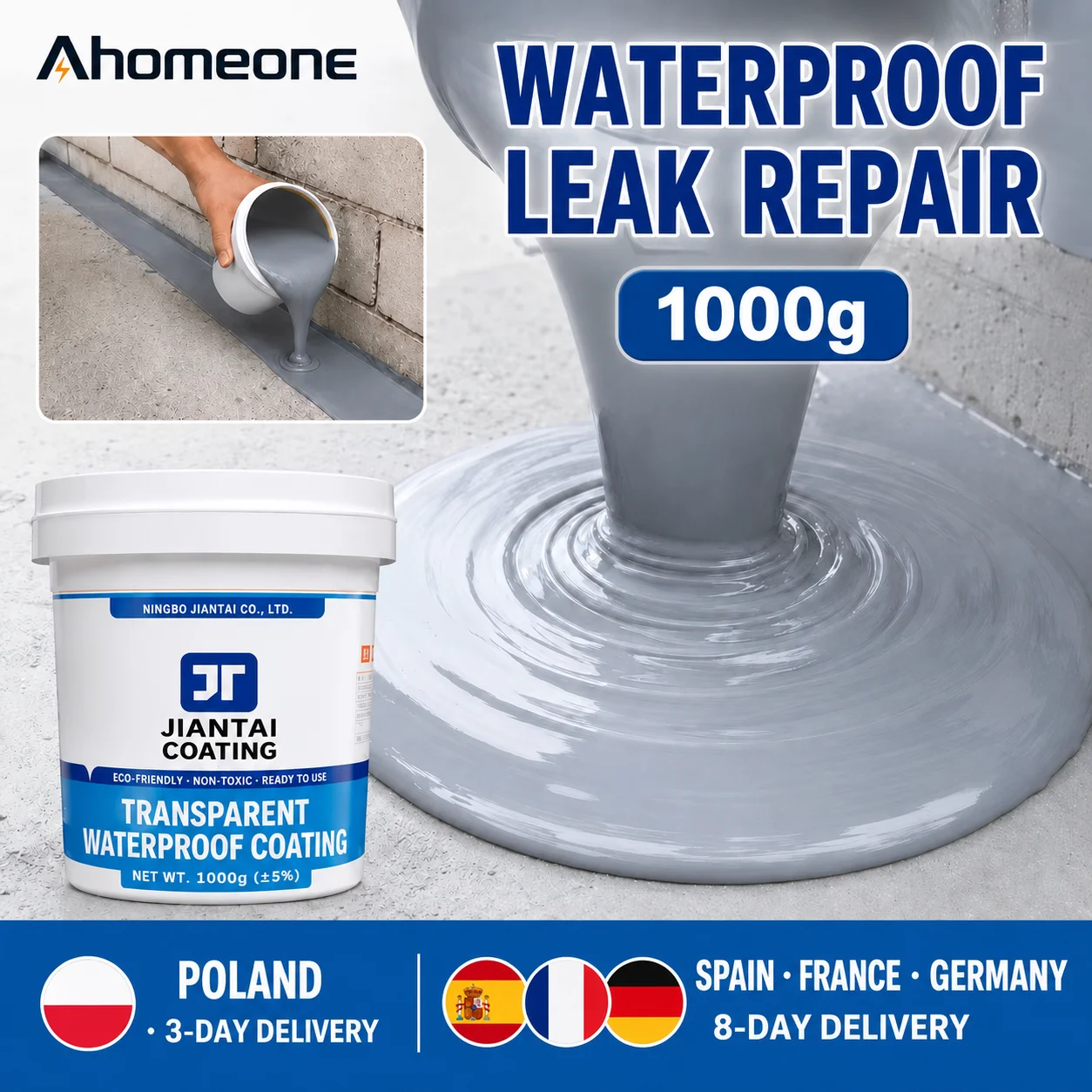 Image of 1 kg Polyurethan-Wasserdichtbeschichtung für Dachlecks, Reparaturdichtmittel, flüssiger Gummi, rissbeständig, hochelastisch, für Beton, Fliesen, Wände, Außen- und Innenbereich, für Dachlecks/Äußere