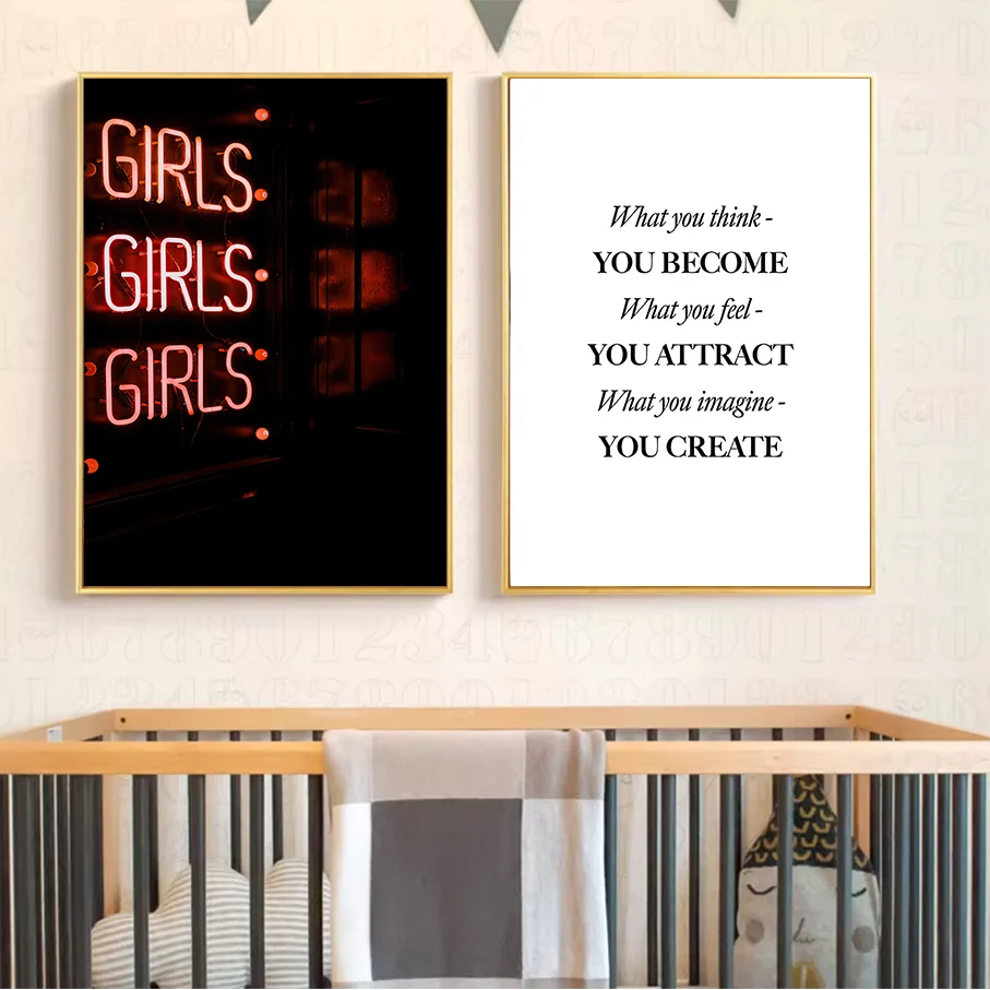 Frameless Canvas Print Girls Girls Girls Neon Wall Art What You Think You Become Baby Room Decor