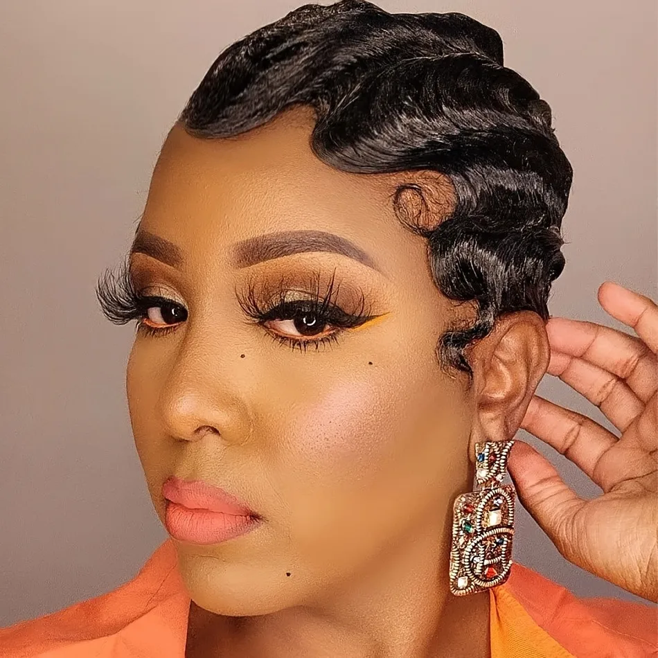 

Women'S Chic Retro Finger Wave Pixie Cut human hair Wig 4Inch Deep Ocean Wave 4inch machine made wig