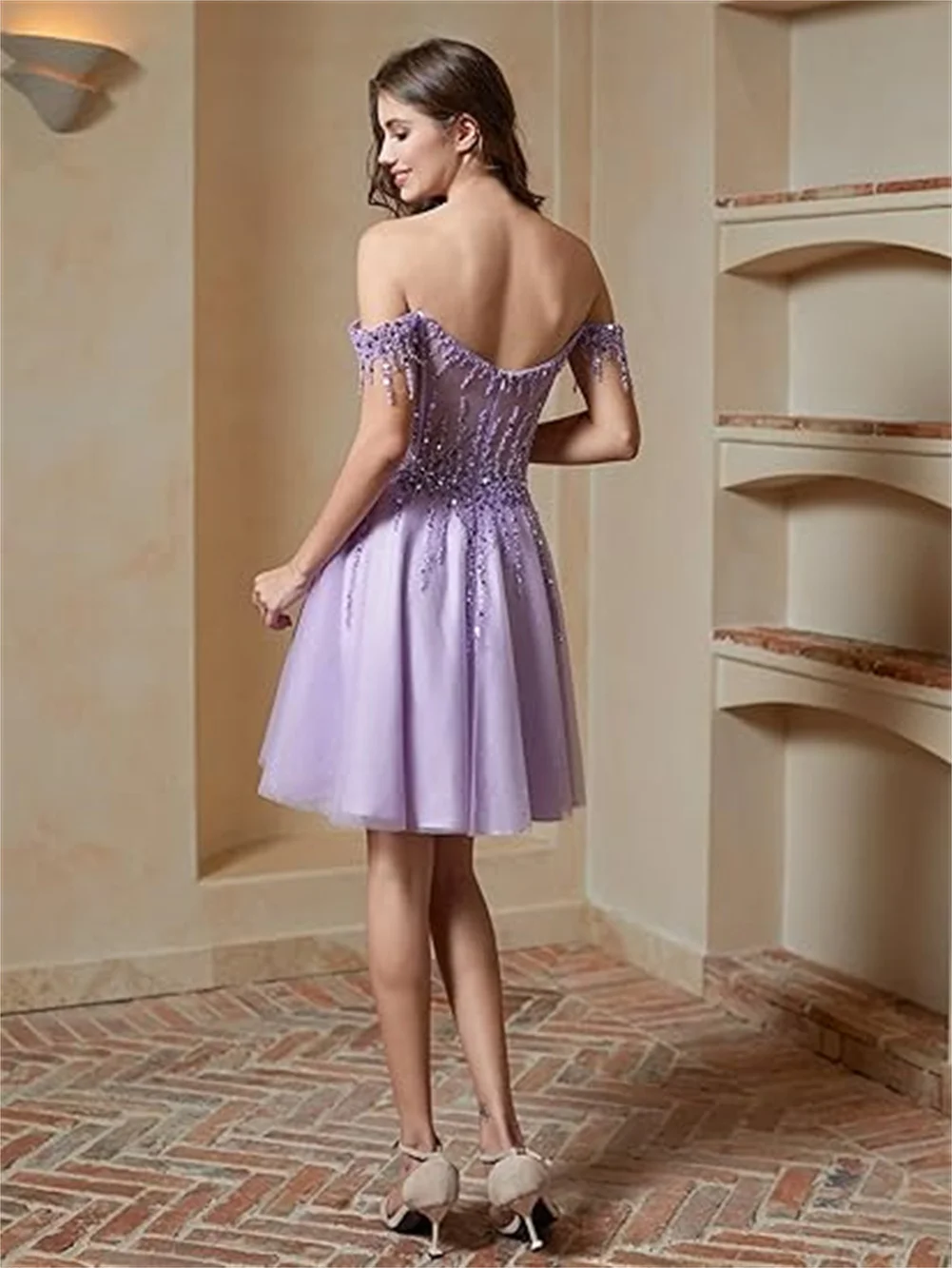 Sparkly Sequin Tulle Short Homecoming Dresses For Teens Off Shoulder Mini Backless Cocktail Dress Shiny Beaded A Line Party Gown