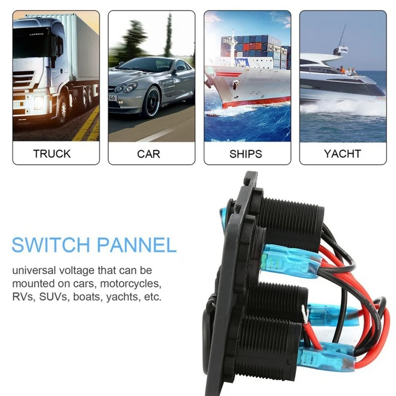 4 In 1 Dual USB Ports Charger, LED Voltmeter, 12V Power Socket And On-Off Switch For Car,Boat & RV LED Switch Panel Blue