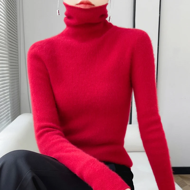 Female turtle neck slim bottoming pullover in autumn and winter 100% merino wool soft Korean pop pullover.