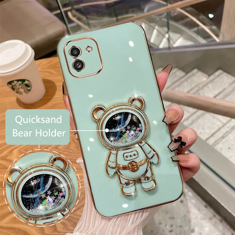 Phone Case For Samsung Galaxy A03 Soft Silicone Luxury Plating Cartoon Bear Fold Stand Phone Case Cover