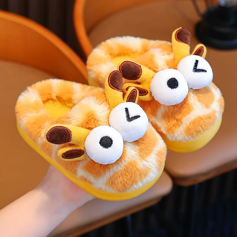 Winter Cartoon Kids Slippers Giraffe Cow Plush Warm Girls Boys Slippers Soft Sole Non Slip Toddler Children Indoor Shoes