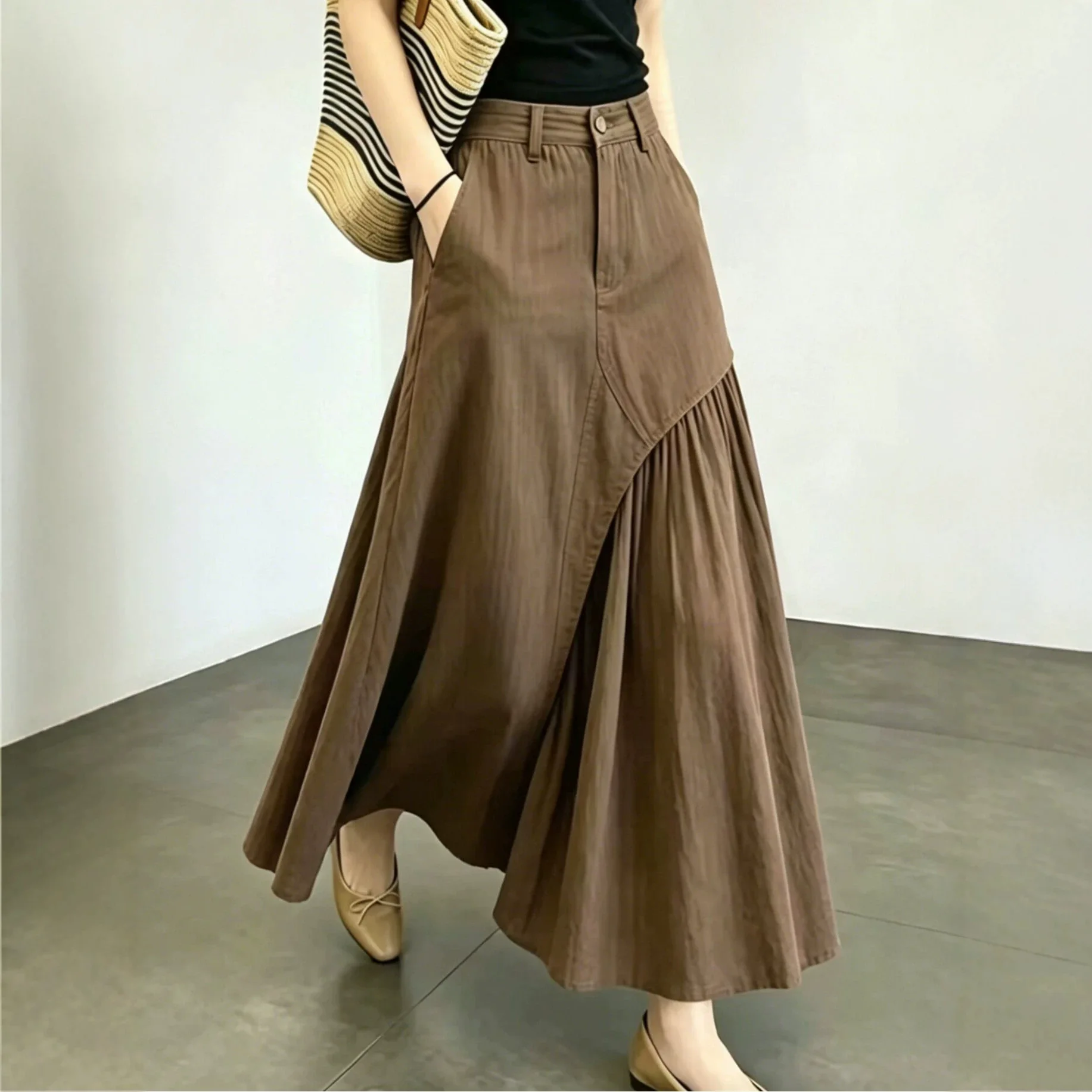 Women Coffee Brown Irregular Spliced Midi Skirt High Waist Wrap Pleated A Line Long Skirt Pockets Vintage Commuter Casual Bottom