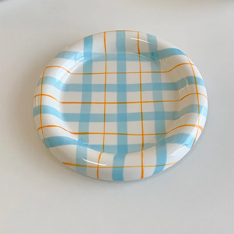 Wind creative hand-painted checkered tuodle plate, afternoon tea, cake, dessert plate, salad plate